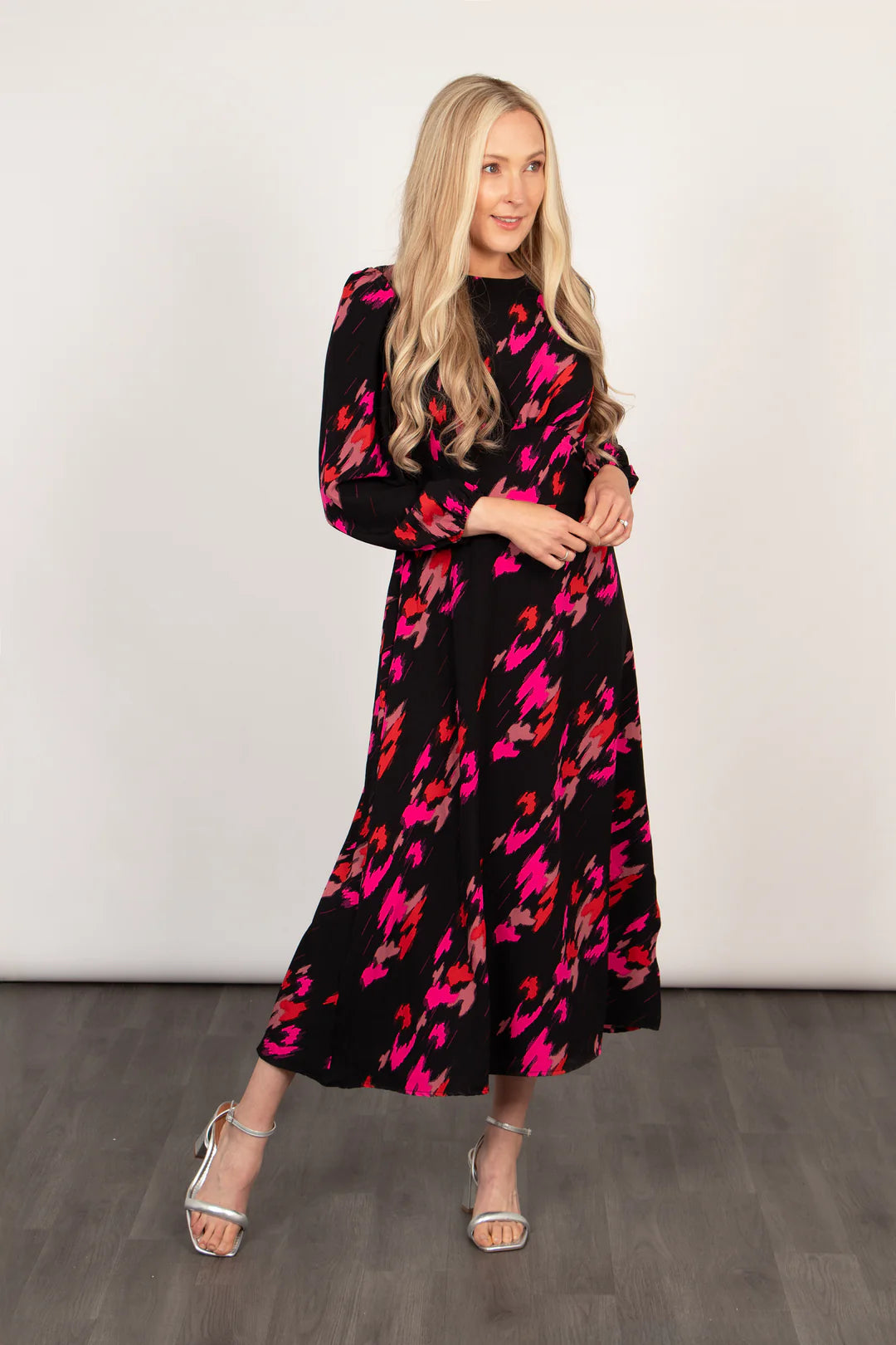 Lana Long Sleeve Pink & Black Abstract Leopard Print Midi Dress