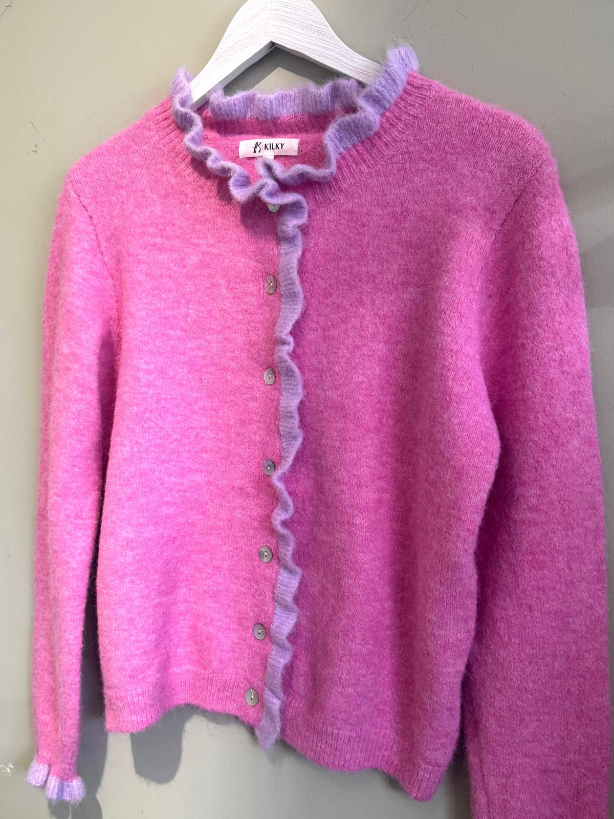 Amelia Piecrust Collar Ruffle Trim Wool Blend Cardigan - Rose Pink & Lilac