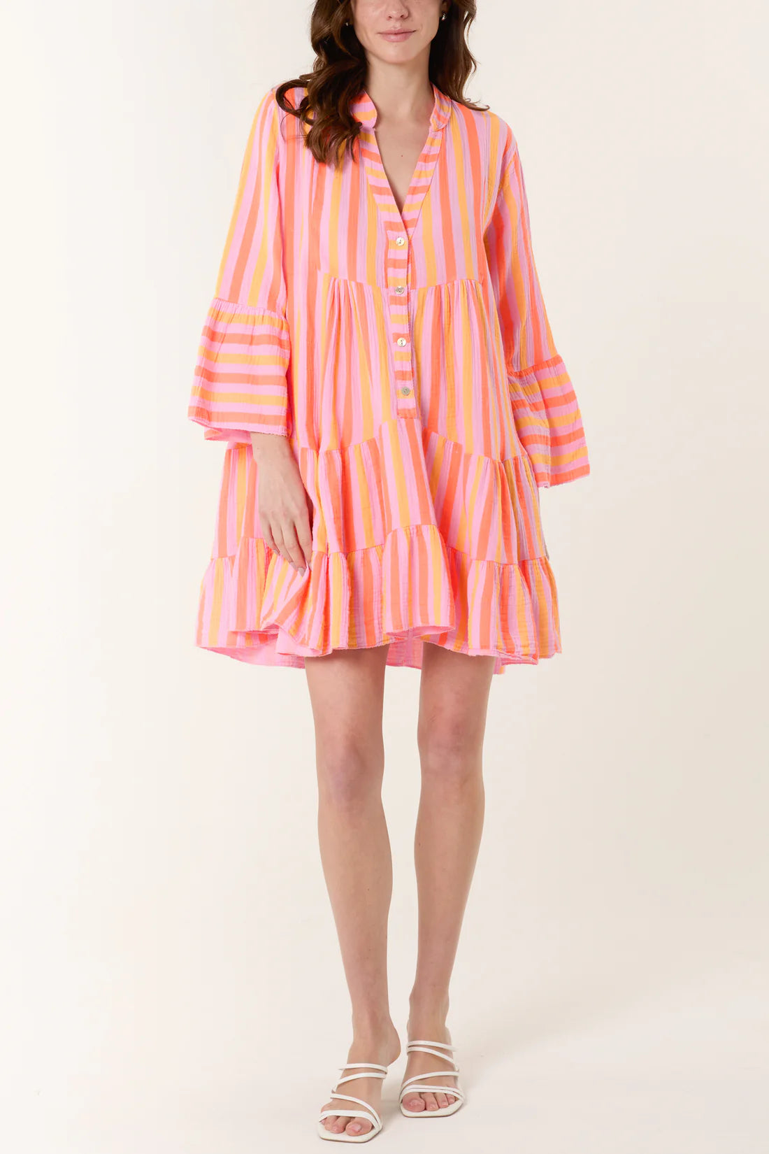Bryony Orange, Pink& Yellow Striped Seersucker Cotton Short Tiered Dress