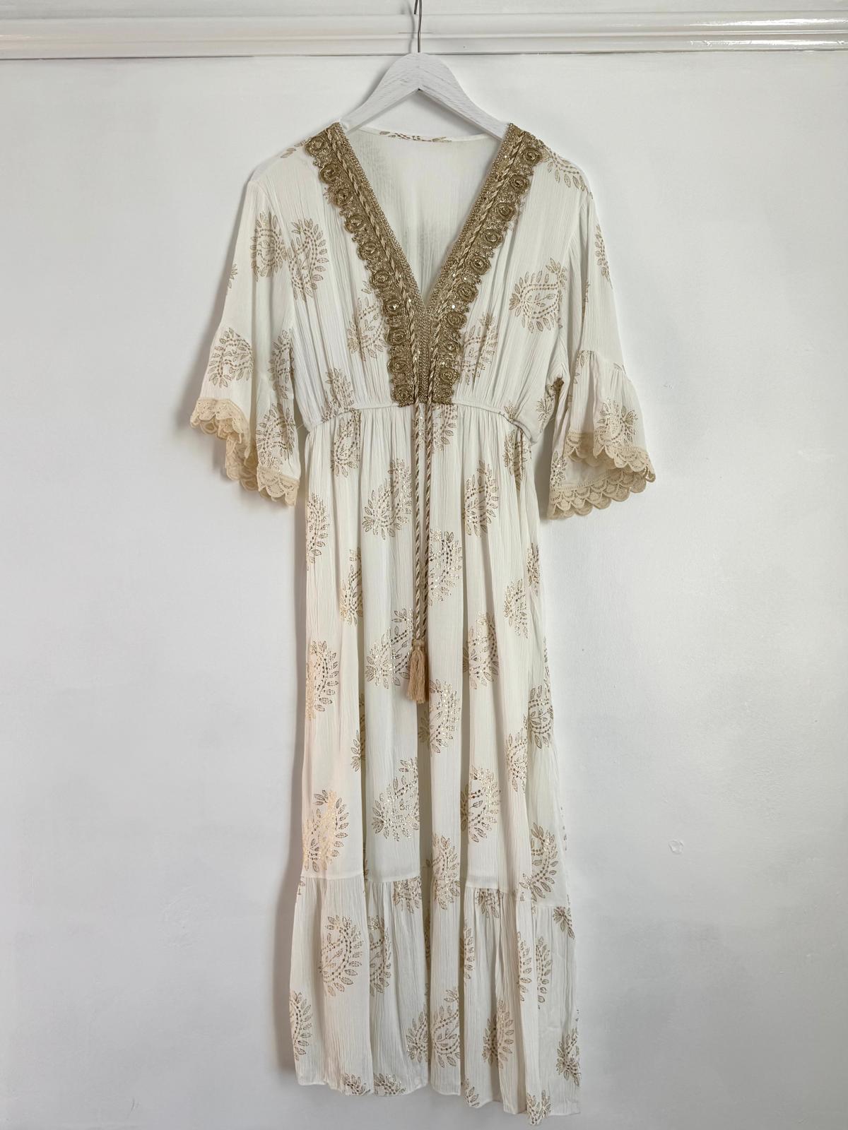 Stella White Crinkle Cotton Dress With Gold Boho Trim