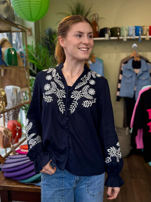 Ines Linen Blend Heavily Embroidered Boho Blouse - Navy Or Ivory