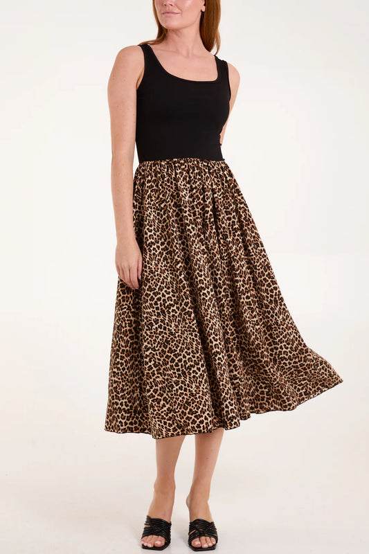 Michelle Dual Fabric Leopard Print Sundress