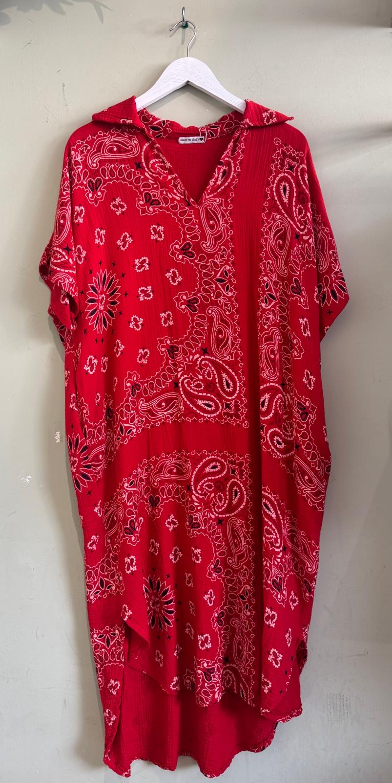 Tara Red Bandana Print Cotton Cheesecloth Midi Dress
