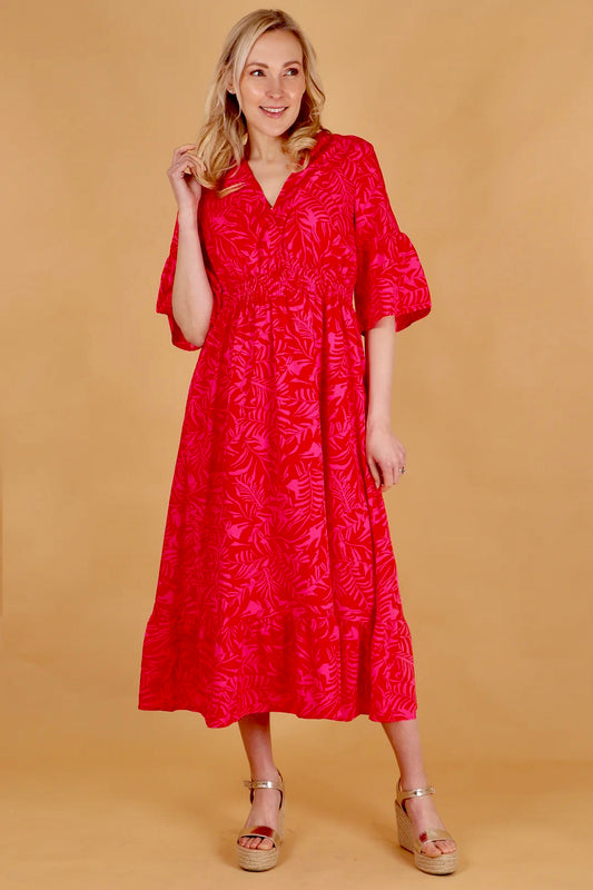 Sorrel Tropical Print Pink & Red Shirred Waist Midaxi Dress