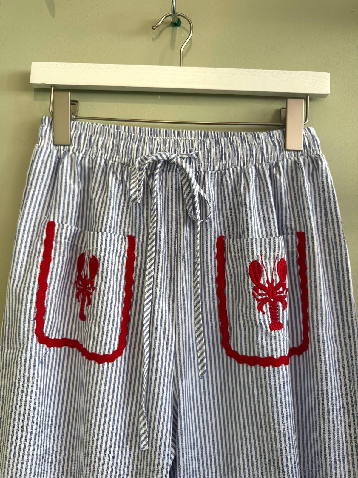 Blue Striped Wide Leg Trousers With Embroidered Lobster Details
