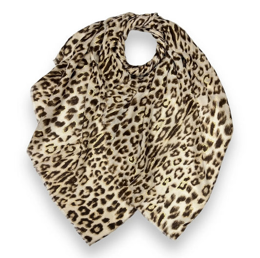 Neutral Beige Leopard Print Rectangular Cotton/Viscose Blend Scarf