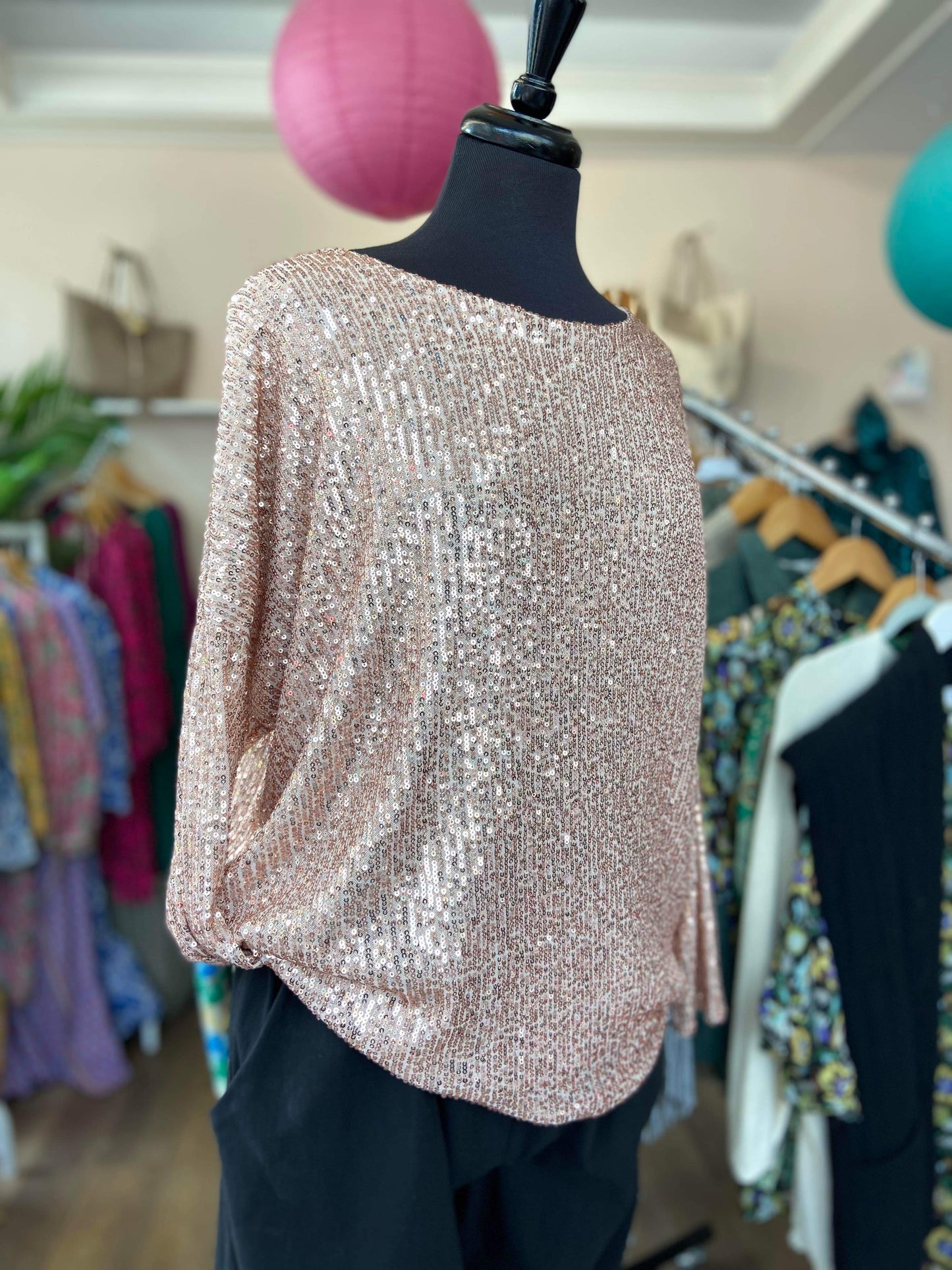 Bianca Sequinned Long Sleeved Slouchy Top - Pale Rose Gold