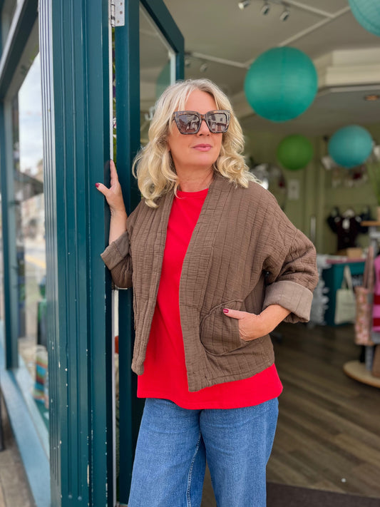 Cora Short Quilted Cotton Kimono Jacket - Chocolate Brown Or Teal