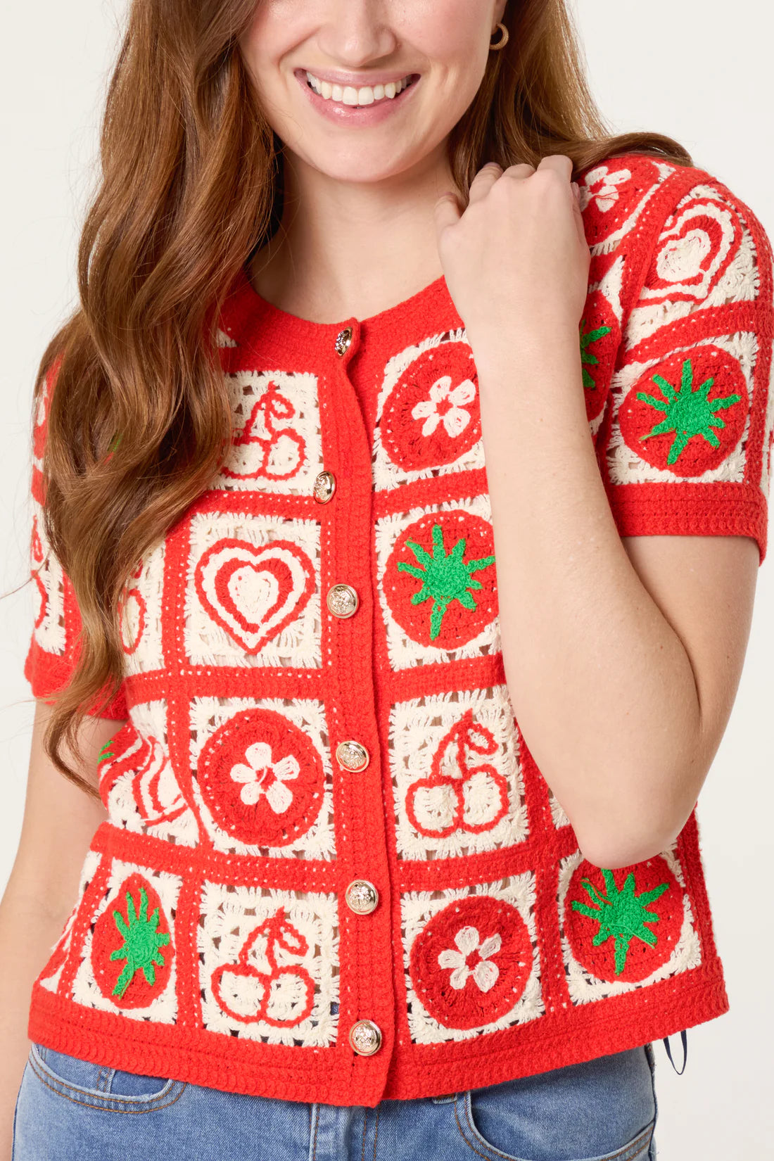 Hattie Tomato & Fruit Crochet Cotton Cardigan