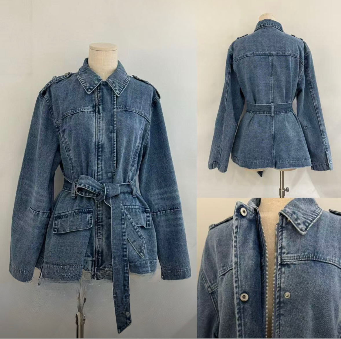 Jenna Denim Belted, Collared Utility Style Jacket