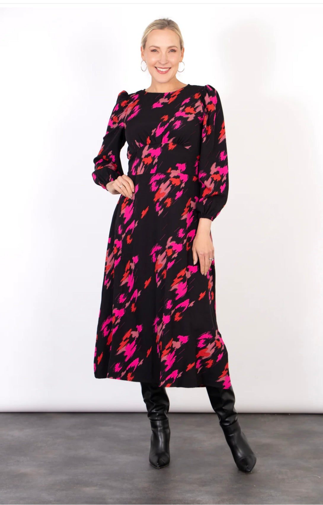 Lana Long Sleeve Pink & Black Abstract Leopard Print Midi Dress