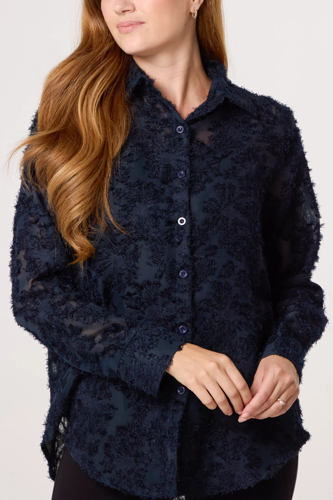 Chrissie Navy  Devore Floral Shirt With Satin Camisole