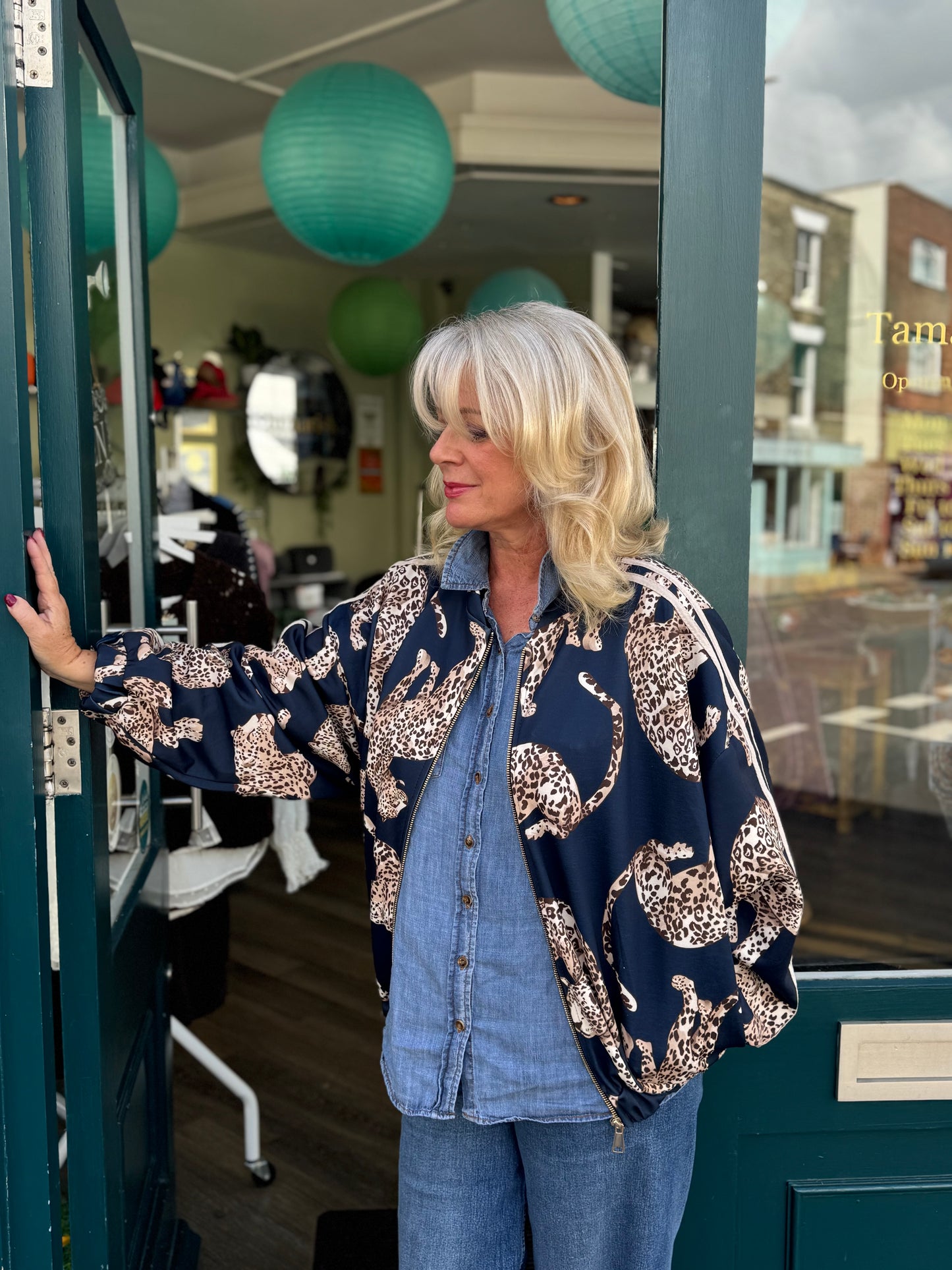Sonia Leopard Bomber Jacket With Stripe Trim