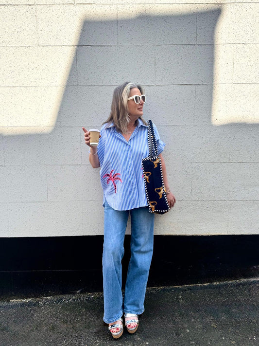 Jackie Blue & White Stripe Short Sleeve Shirt With Pink Embroidered Palm Trees & Cut Out Detail