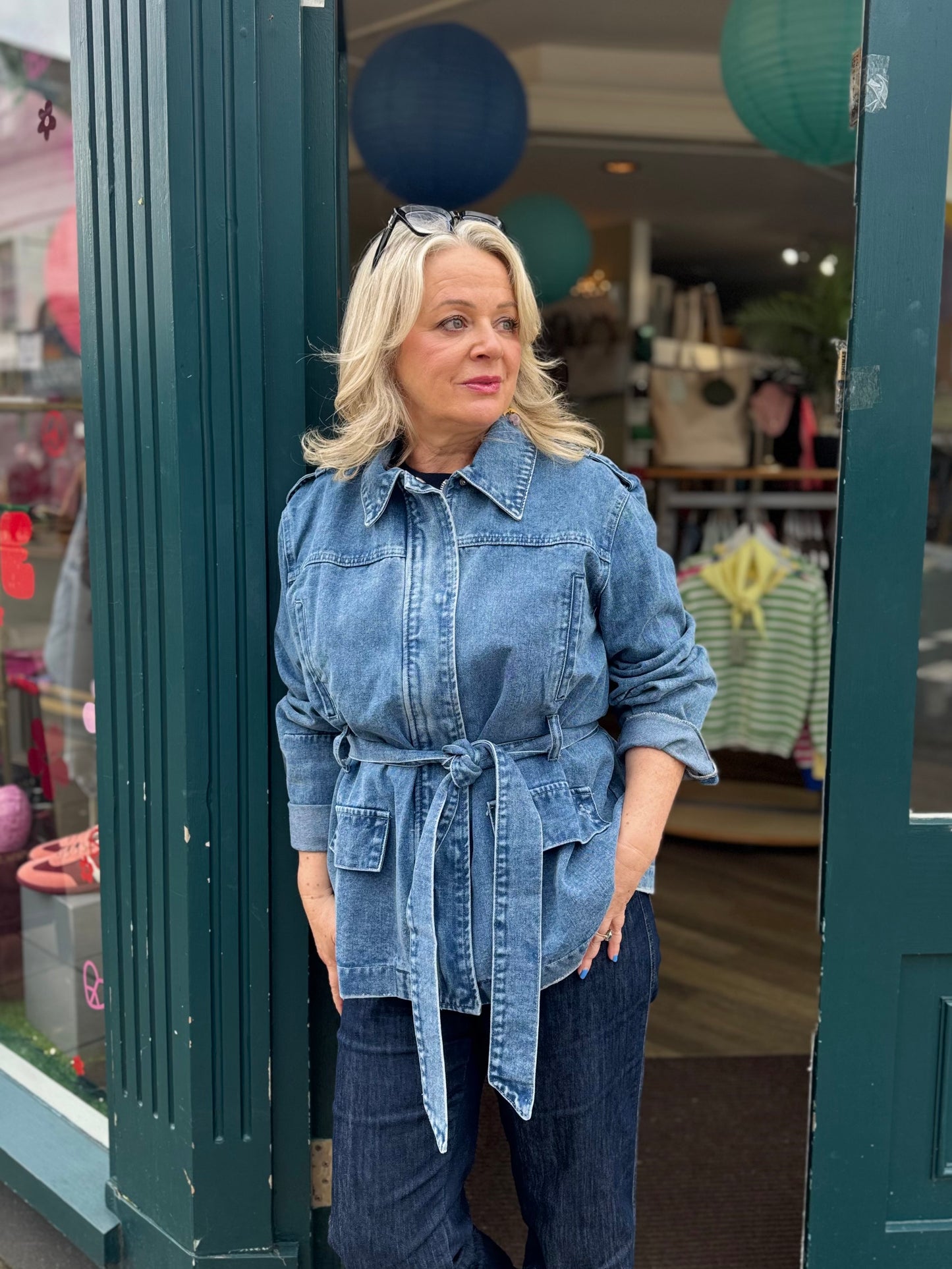 Jenna Denim Belted, Collared Utility Style Jacket