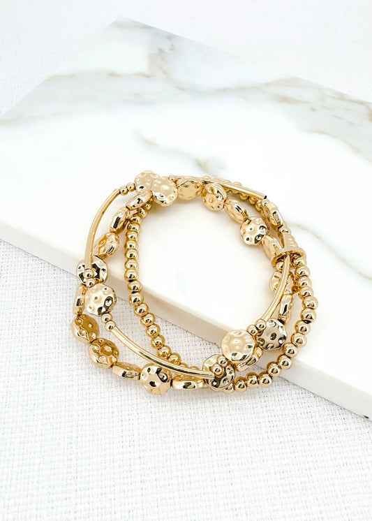 Envy Jewellery Multi-Textured Triple Layer Stretch Bead Bracelet - Silver Or Gold Tones