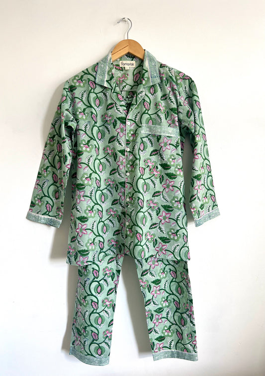 Leonie Hand Block Printed Indian Cotton Pyjamas - Green & Pink