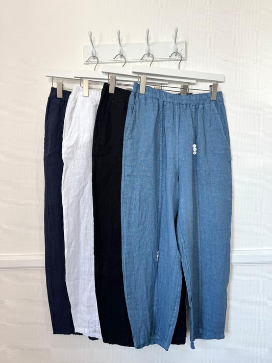 Lena Button Trim Linen Trousers
