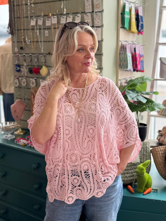 Miranda Angel Sleeve Cotton Crochet Top With Camisole