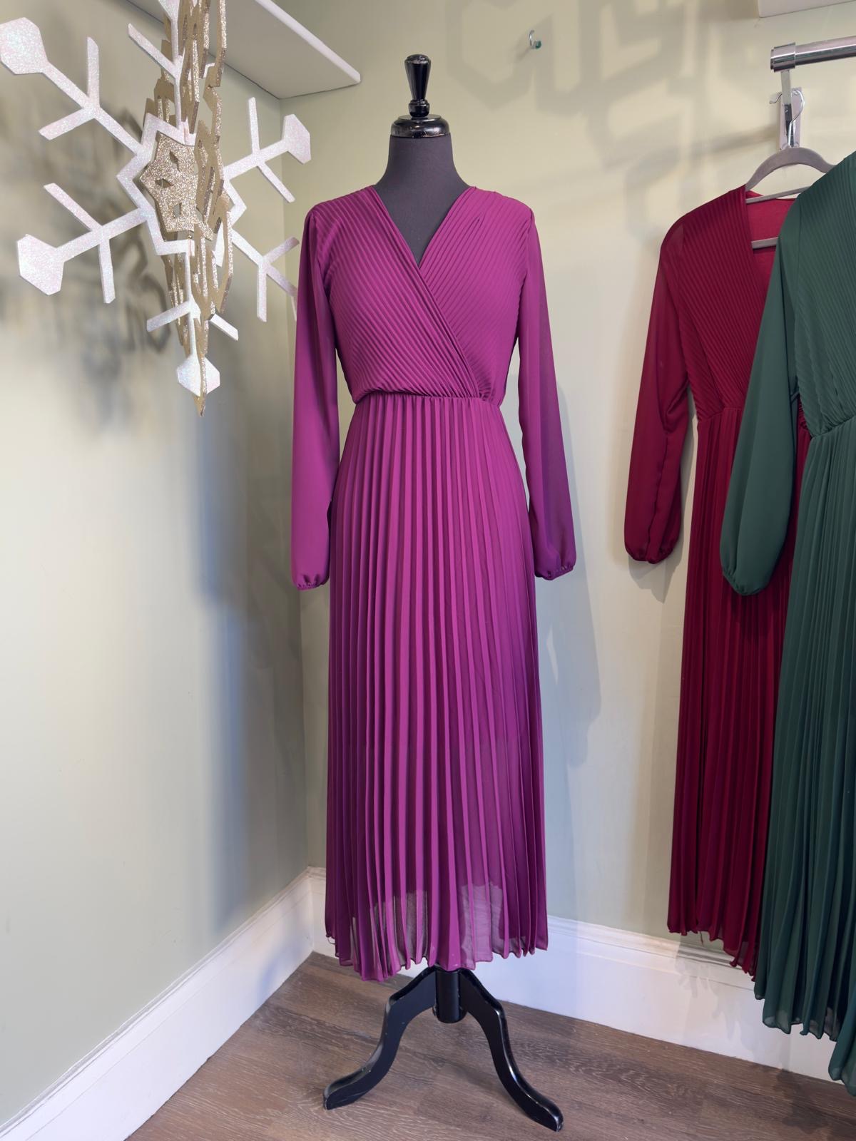 Long Sleeve Pleated Faux Wrap Chiffon Midaxi Dress - purple