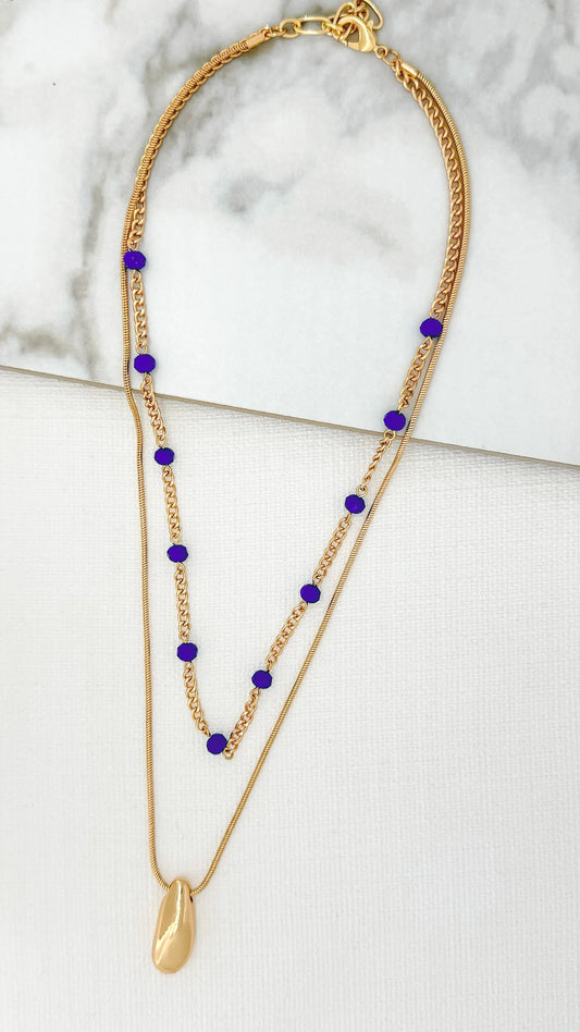 Envy Jewellery Short Gold Double Layer Necklace With Blue Crystals & Pebble Pendant