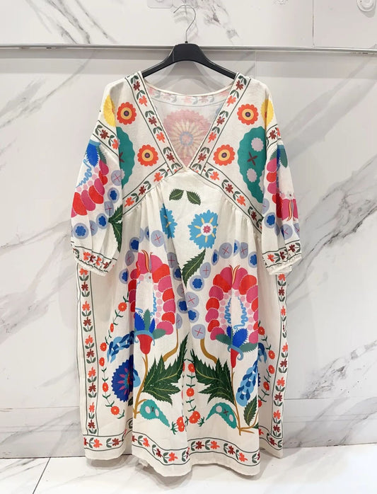 Sara V Neck Folk Print Oversized Tunic Smock Dress- Multi Floral