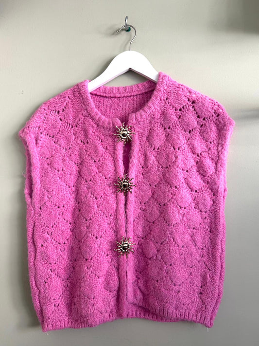 Teresa Pointelle Lace Knit Wool Blend Waistcoat Sweater Vest With Feature Sun Brooch Fastening - Sage Green, Rose Pink Or Chocolate Brown