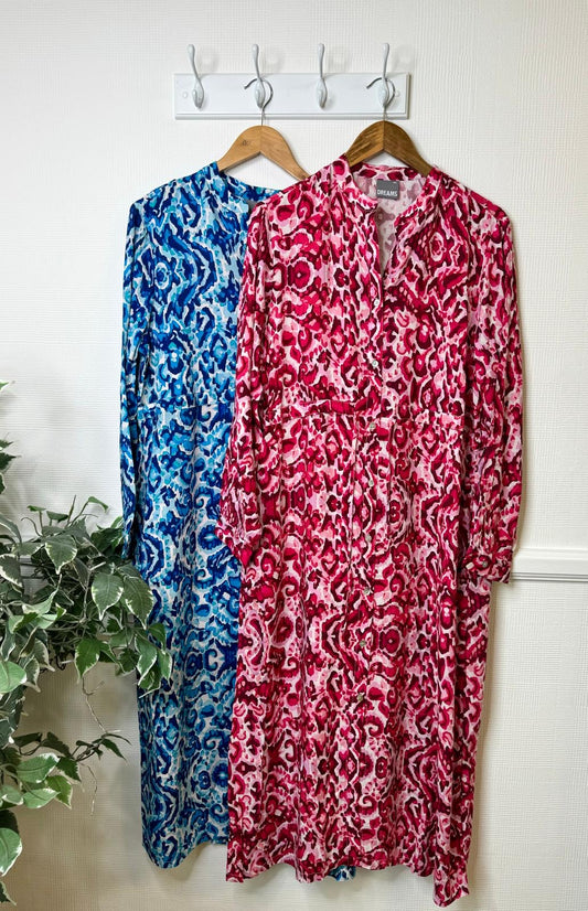 Amanda Drawstring Waist Midaxi Shirt Dress - Red Or Blue Graphic Leopard Print