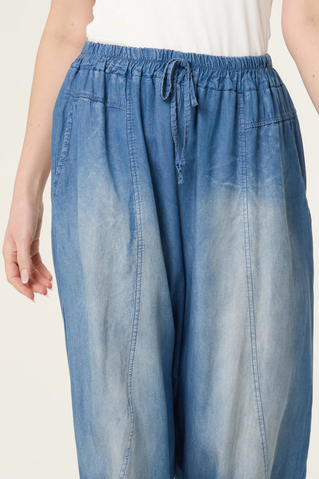 Carole Distressed Faded Denim Tencel Barrel Leg Trousers