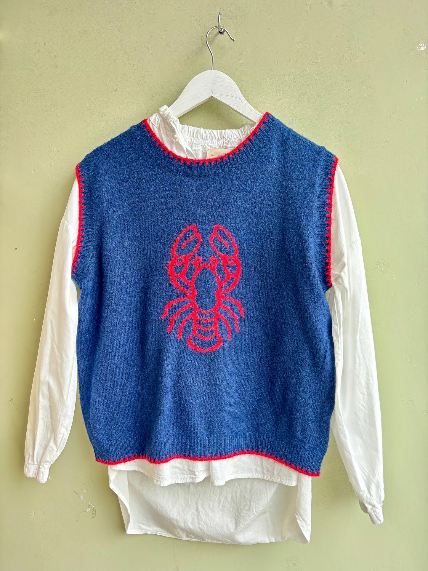 Alpaca Blend Lobster Tank Top - Navy & Red, With Red Blanket Stitch Trim