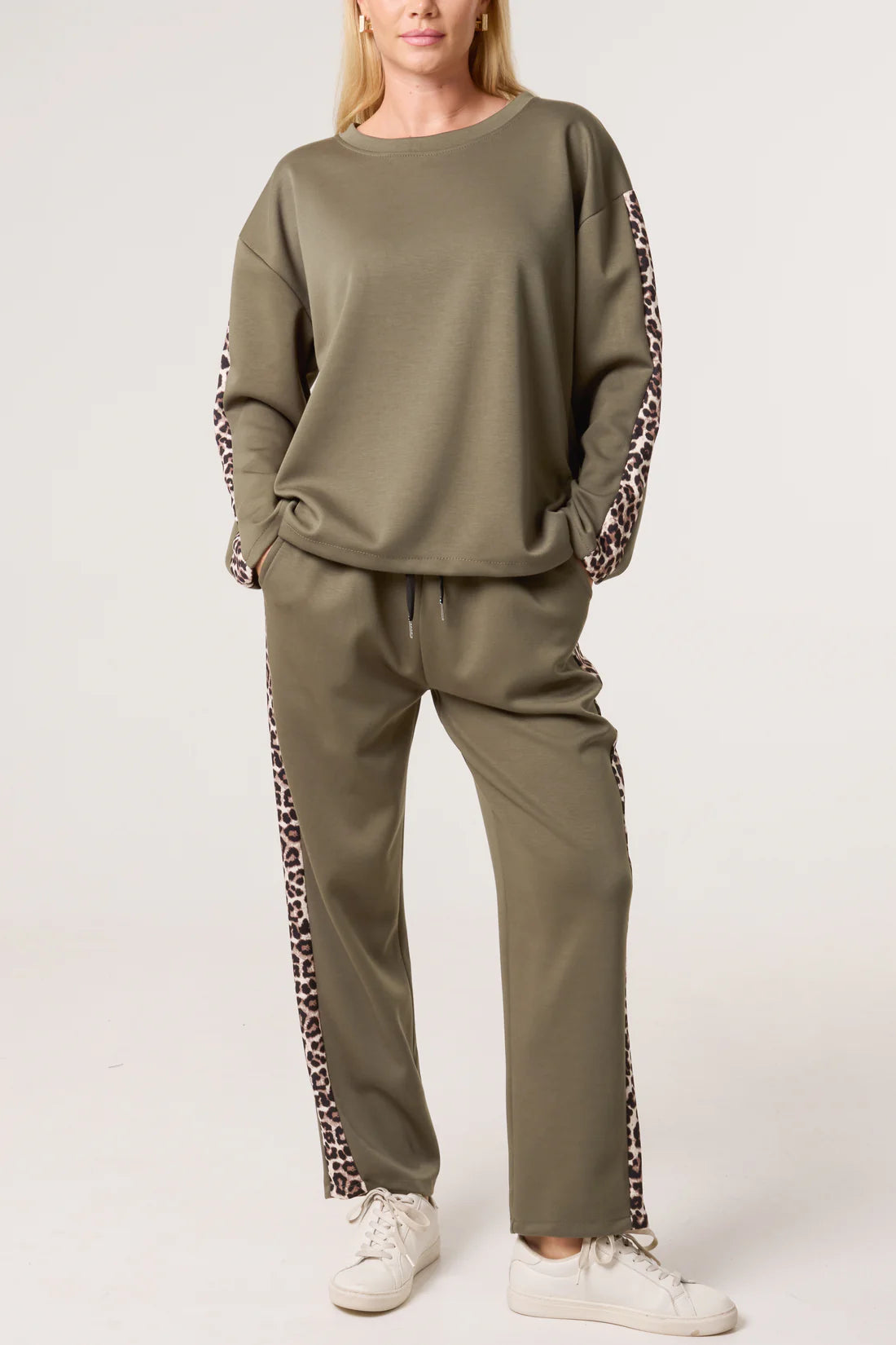 Tania Leopard Print Side Stripe Trim Tracksuit Co-Ord - Khaki Or Chocolate Brown