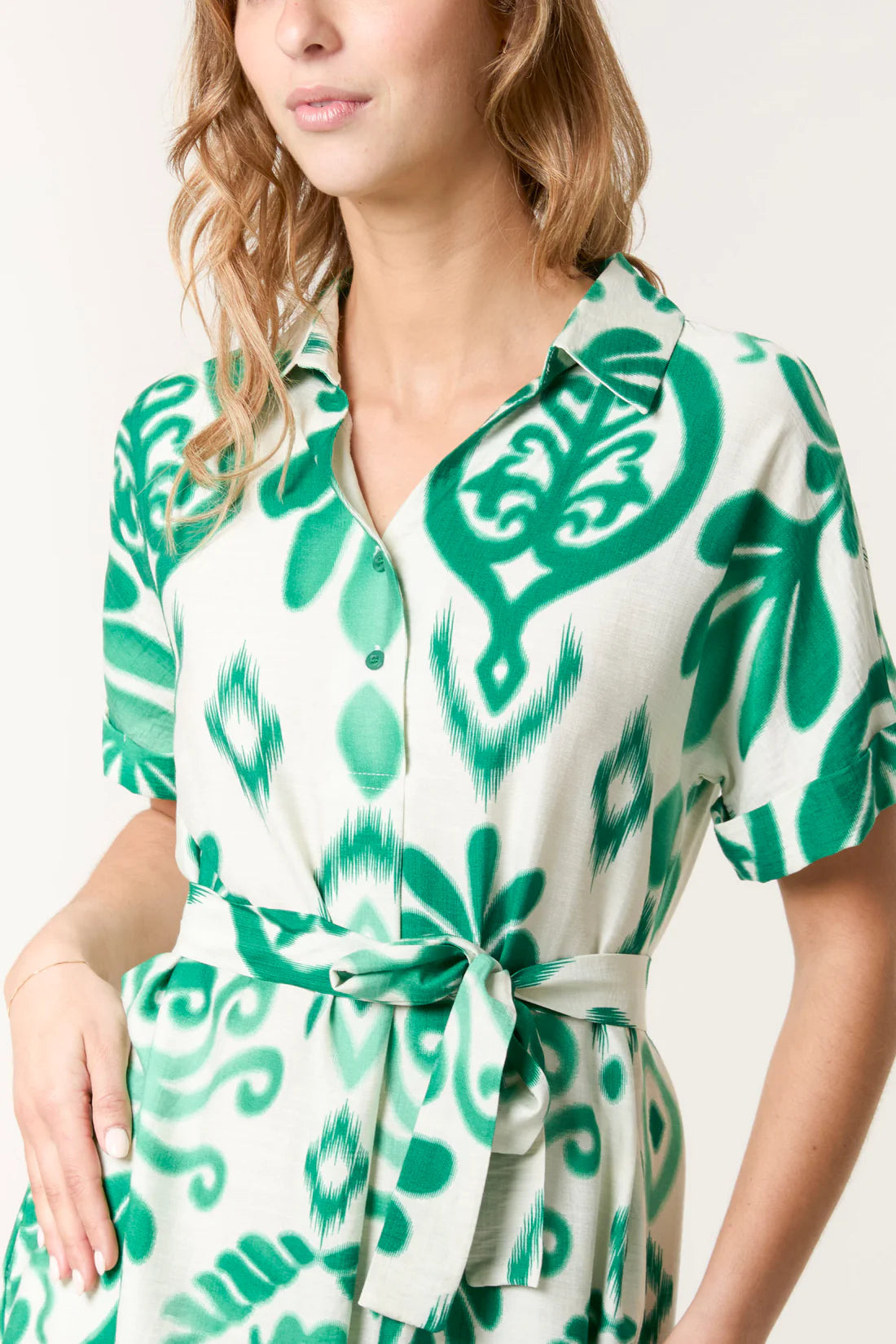 Michelle Ikat Print Short Sleeve Shirt Dress - Green Or Blue