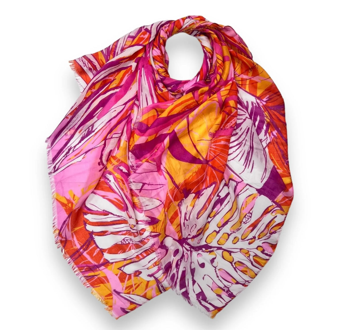 Tropical Palm Print Rectangular Cotton/ Viscose Blend Scarf - Pinks & Oranges