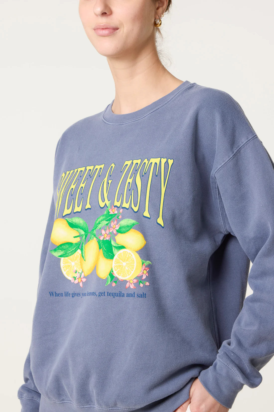 Sweet & Zesty Lemon Graphic Sweatshirt - Faded Denim Blue Or Soft Pink