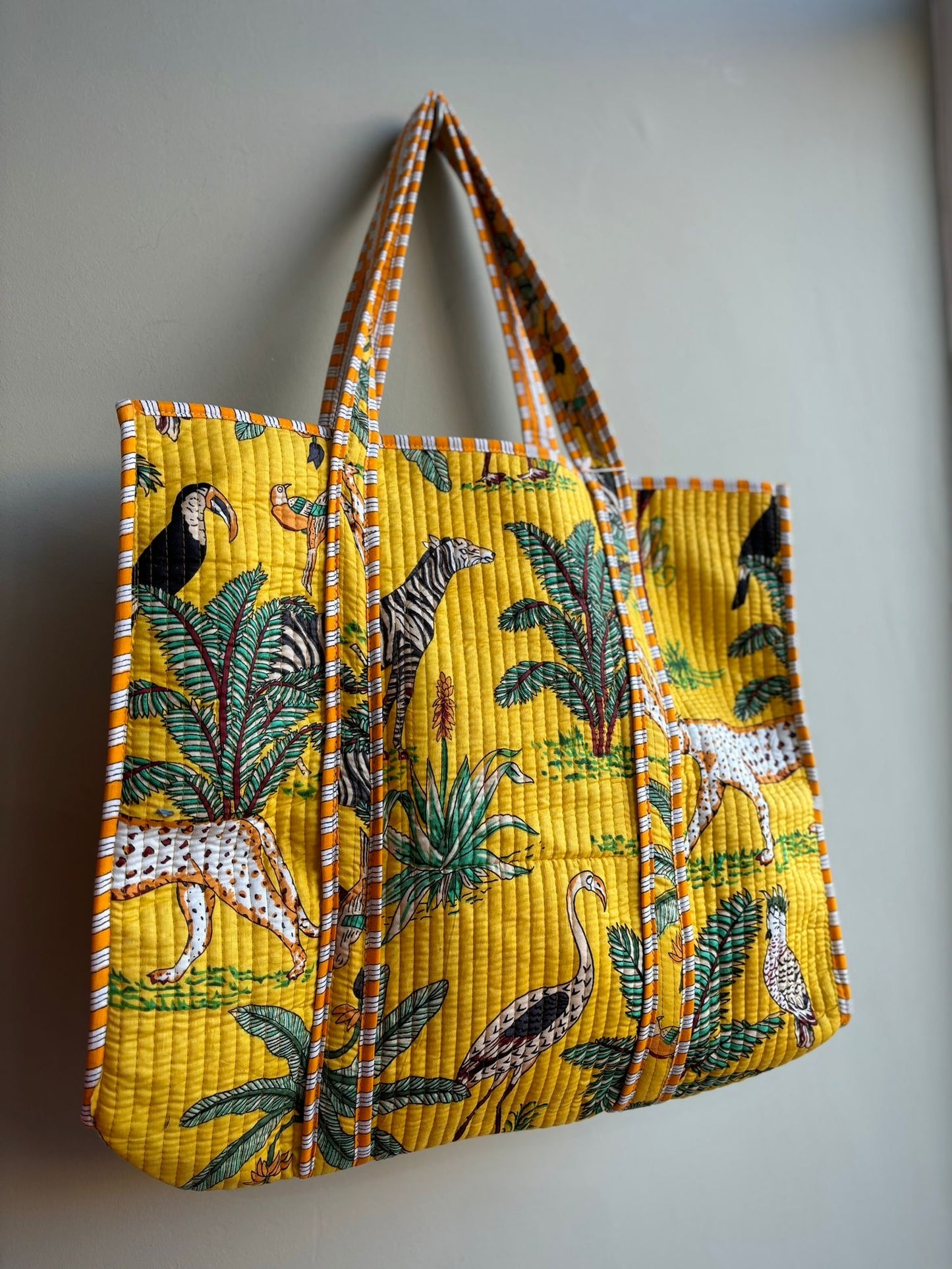 Quilted Kantha Bag With Striped Lining - 100% Cotton - Yellow Jungle Leopard Print