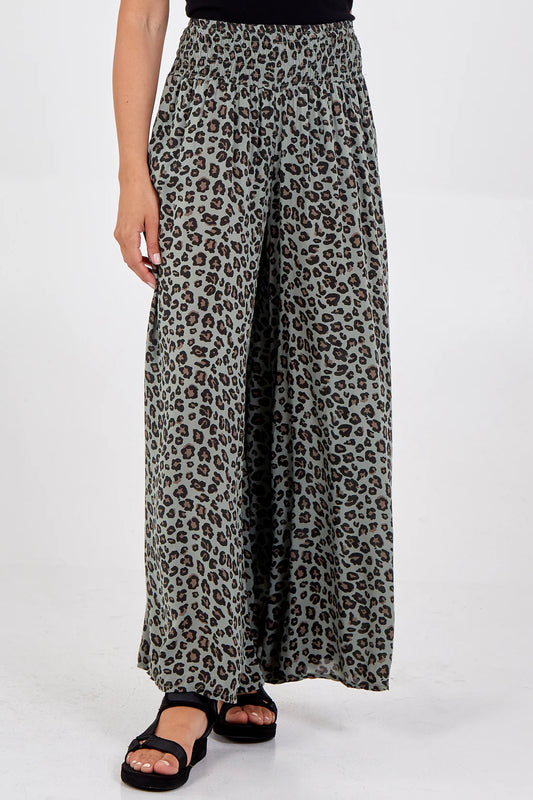 Kitty Shirred Waistband Wide Leg Leopard Print Trousers - Khaki Or Mocha