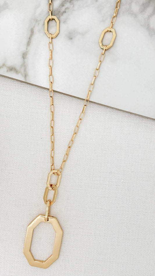 Envy Jewellery Long Matte Gold Chain Link Necklace With Octagonal Pendant