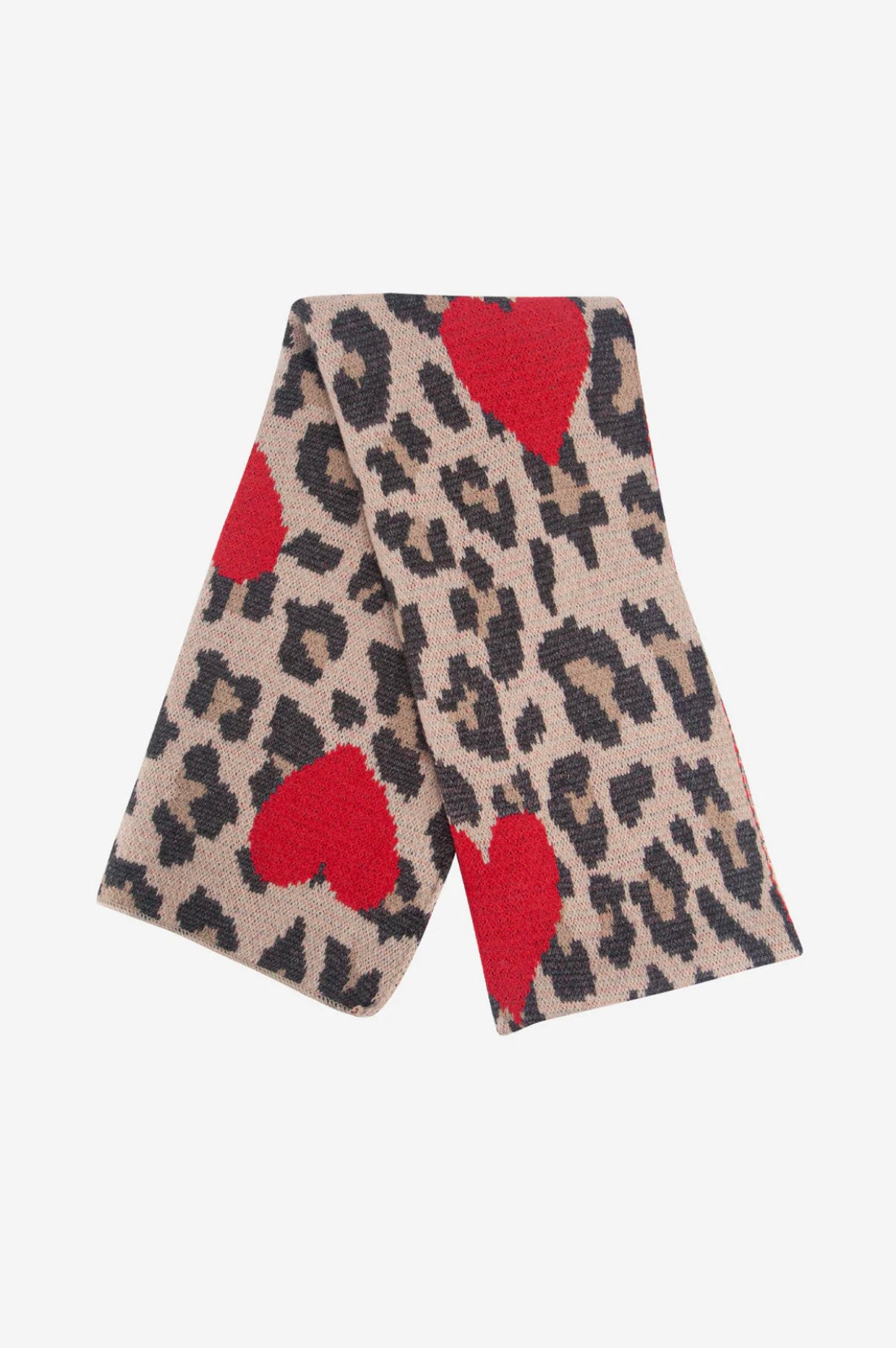 Neutral Leopard Print Knitted Scarf With Red Hearts