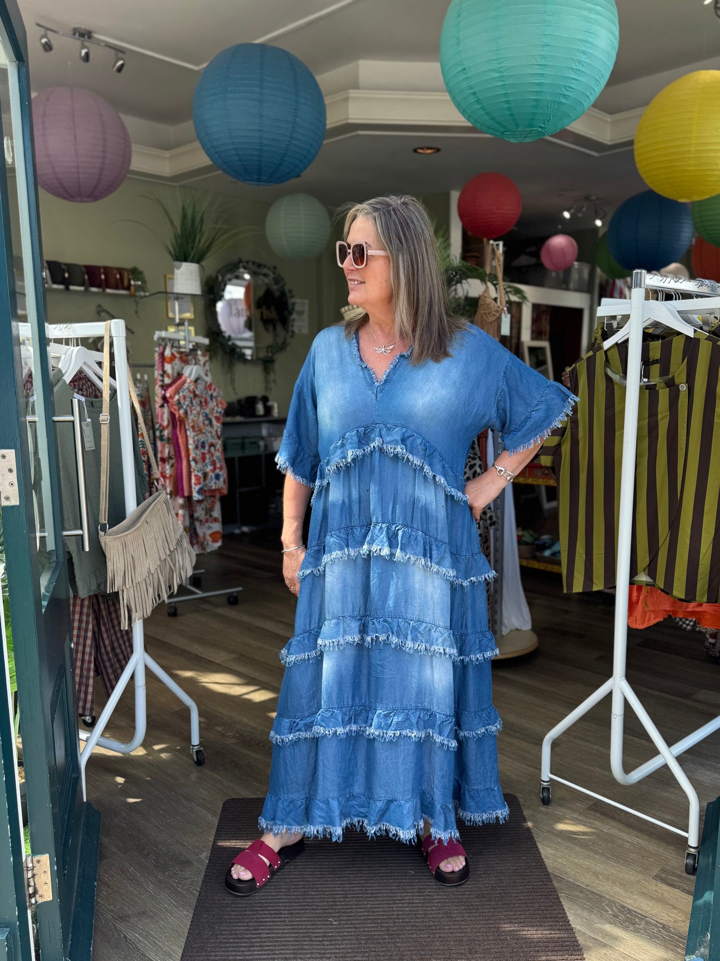 Bebe Chambray Tiered Maxi Dress