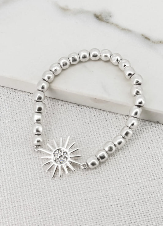 Envy Jewellery Silver Bead Stretch Bracelet With Central Diamanté Sunburst