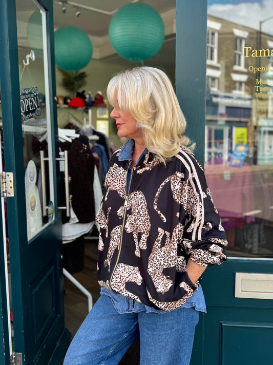 Sonia Leopard Bomber Jacket With Stripe Trim