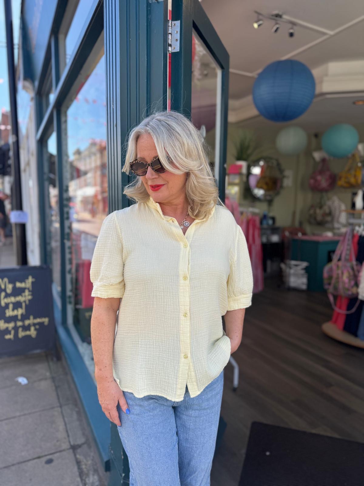 Emily Cotton Cheesecloth Short Sleeved Blouse With Piecrust Collar