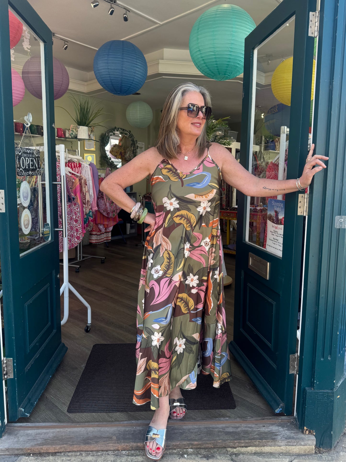 Olive Palm Print Satin Strappy Sundress