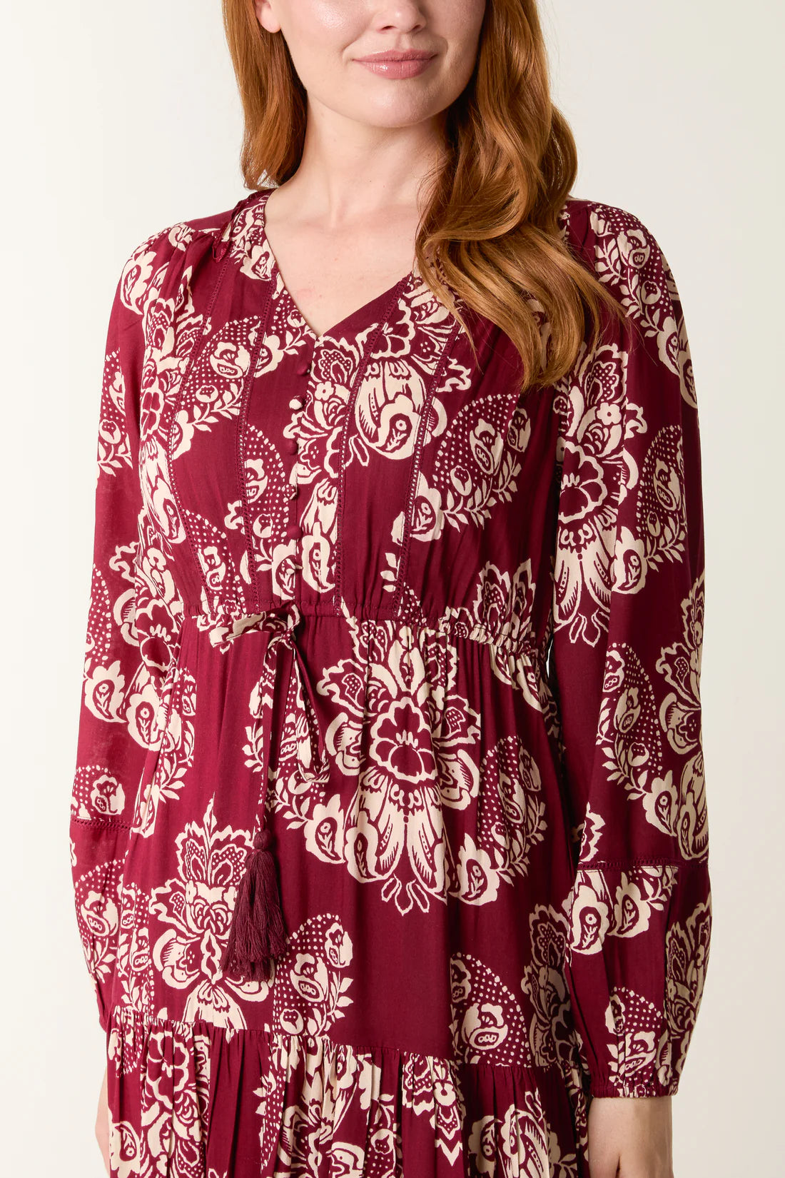 Chloe Empire Line Long Sleeve Midi Dress - Black Or Burgundy Floral Print