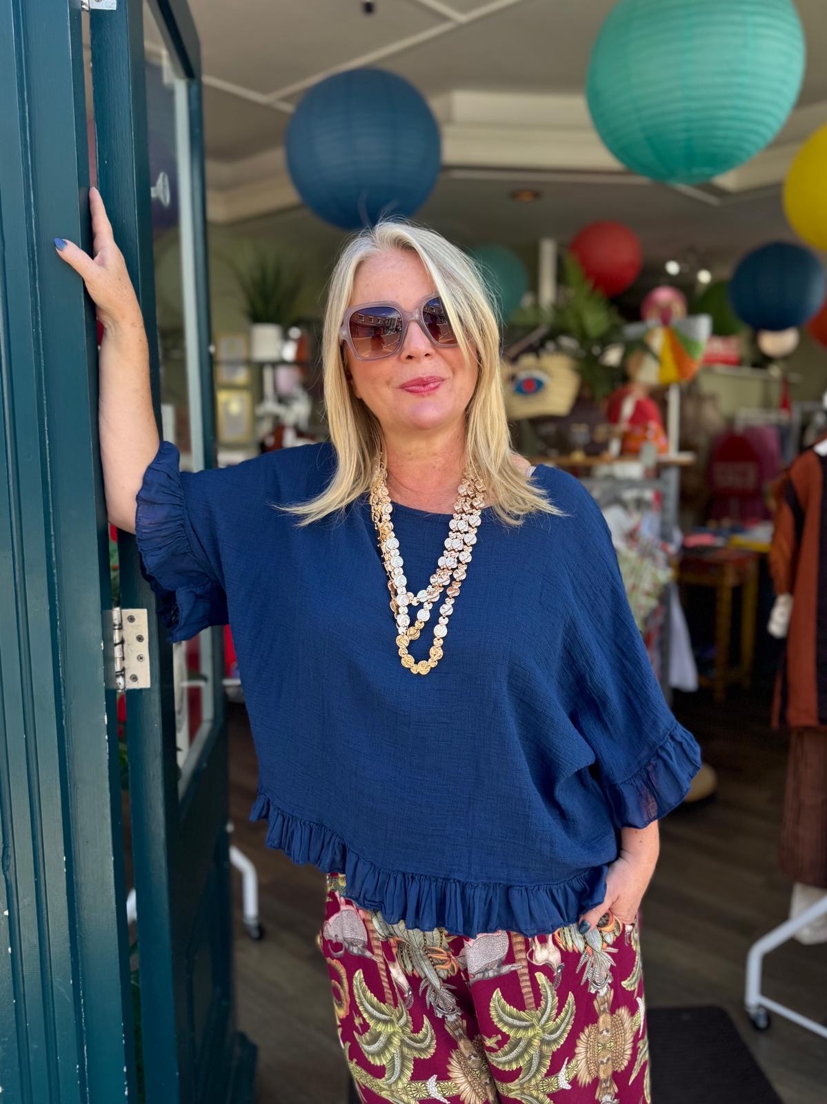 Debs Textured Cotton Top With Frill Trim