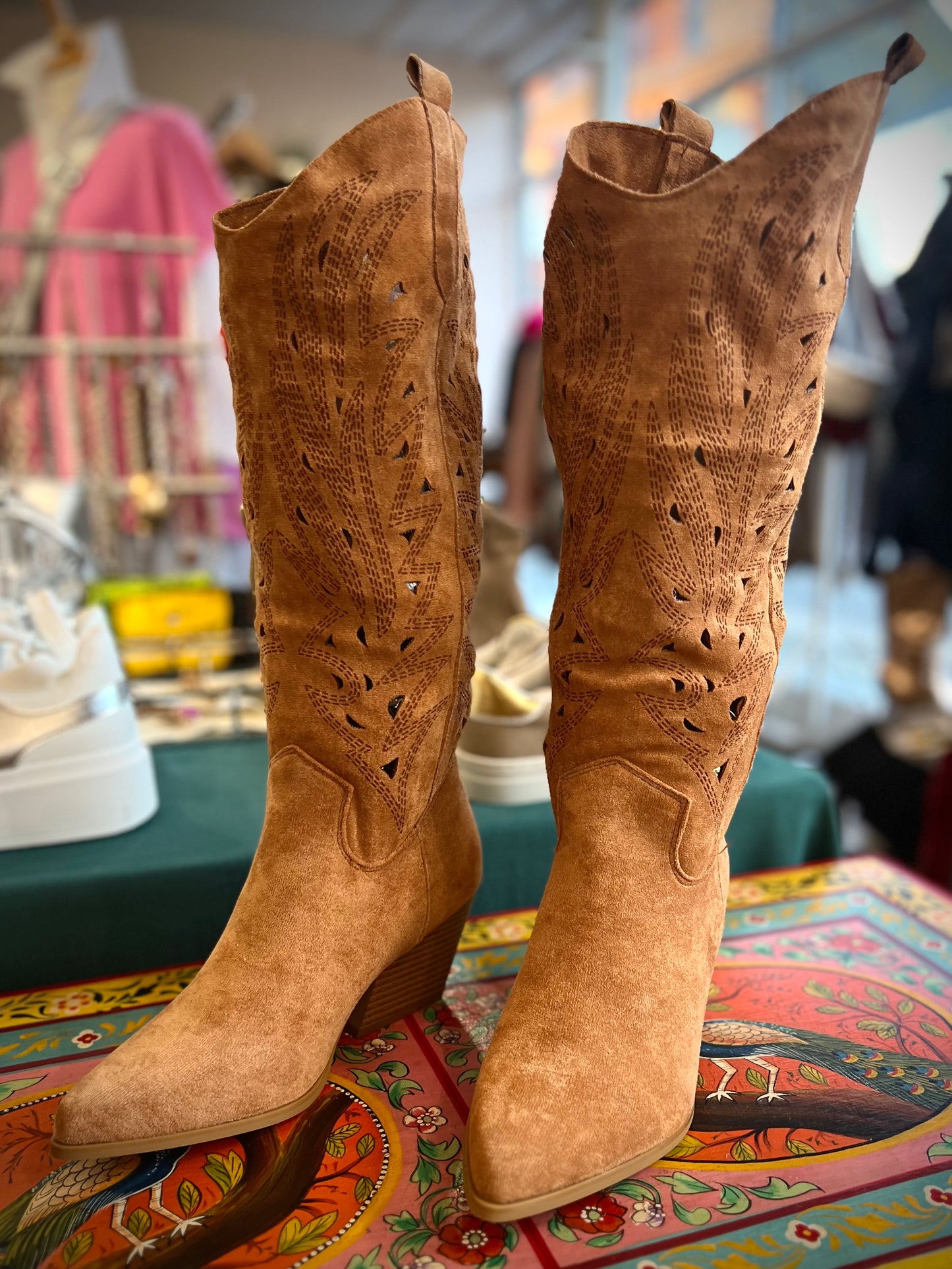 Carrie Cutwork Slouchy Tan Suedette Cowboy Boots