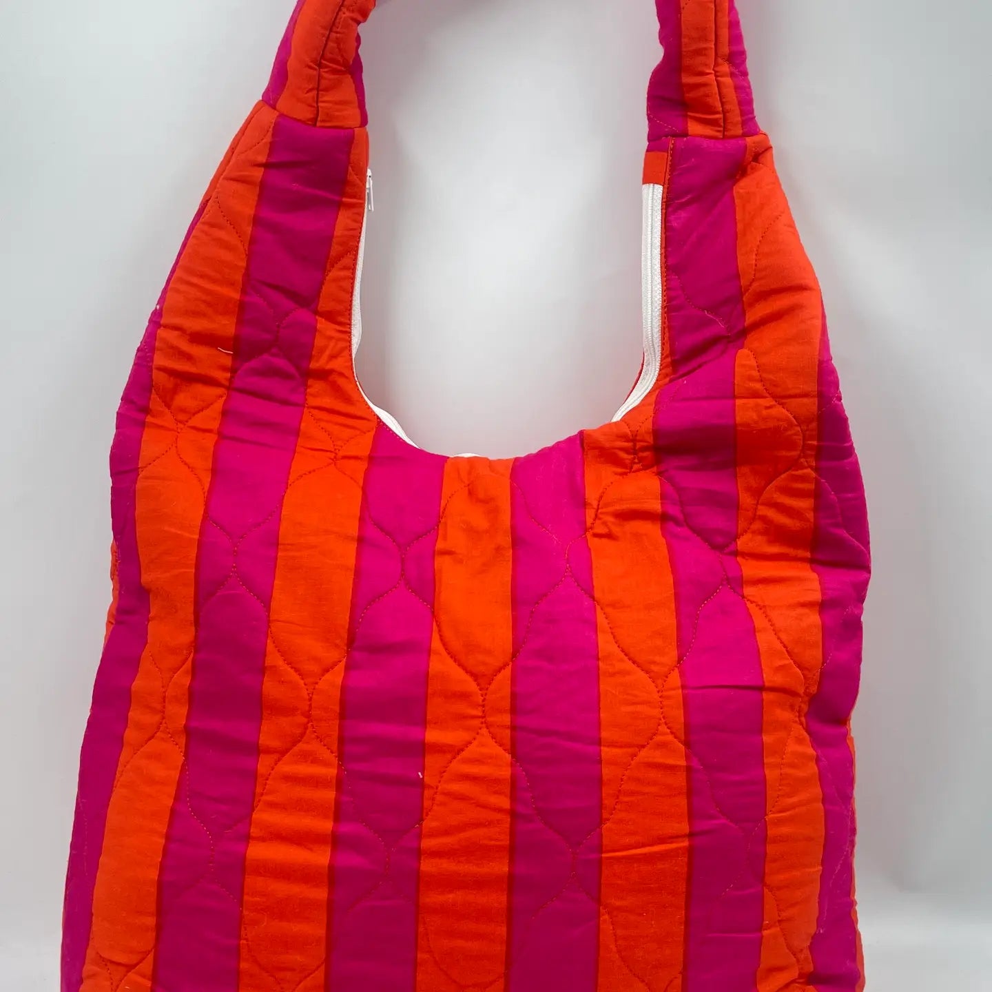 Hobo Shape Cotton Quilted Kantha Bag - Orange & Pink Stripe