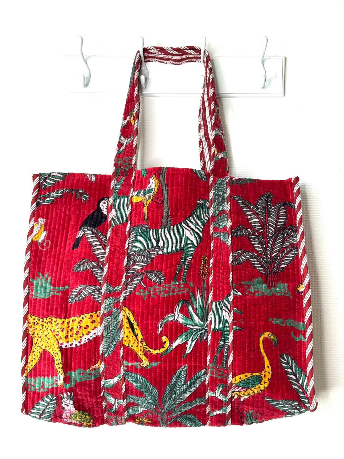 Velvet Kantha Quilted Large Tote Bag - Red Safari Print
