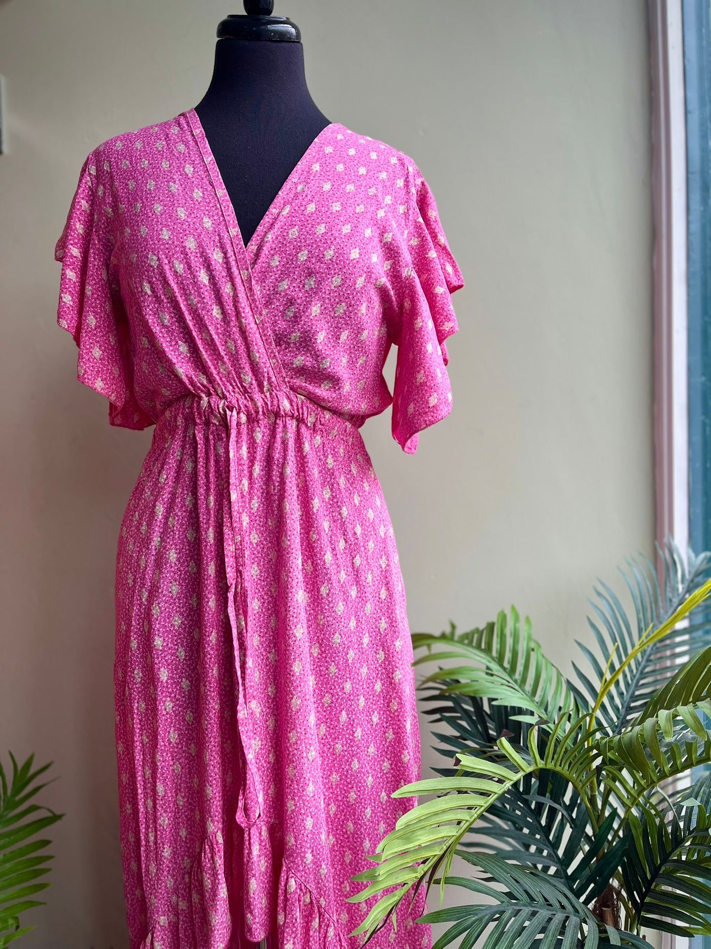 Willow Angel Sleeve Faux Wrap Dress With Hi/Lo Hem - Pink Or Blue Tile Print