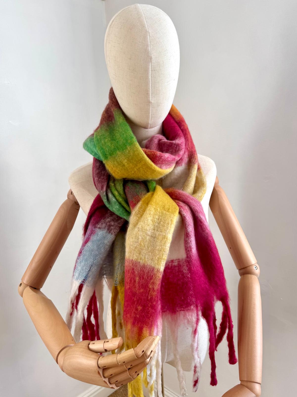 Multi coloured checked wool blend large blanket scarf 